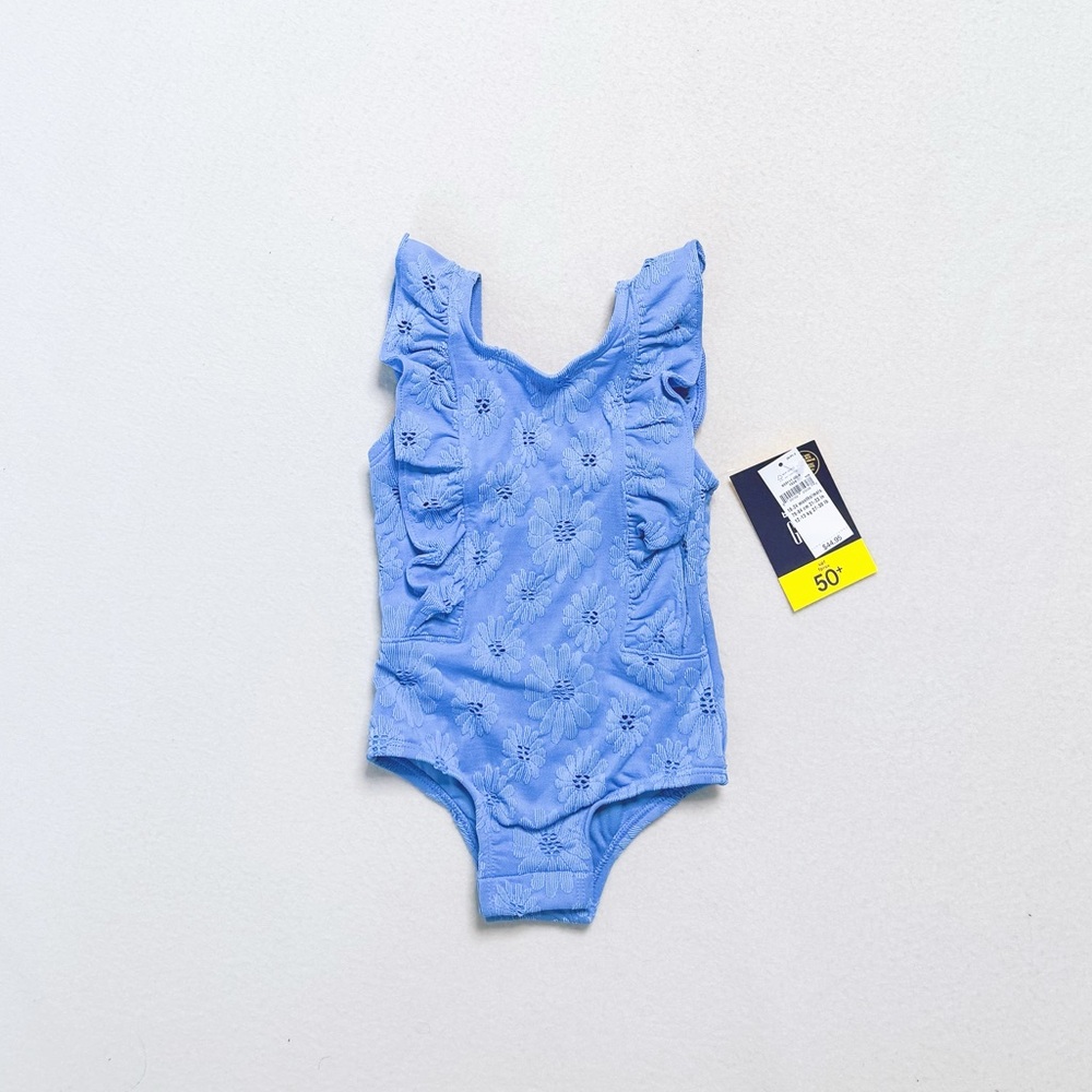 Baby Gap Toddler Girl Recycled Textured Ruffle Swim One-Piece Blue Floral 18-24M